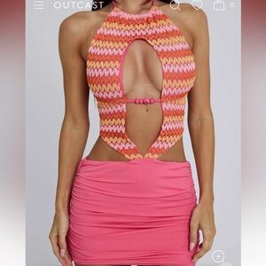 Outcast Helia Mini Dress Crochet Beaded Coral Cut Out Tie Sundress Coverup Small